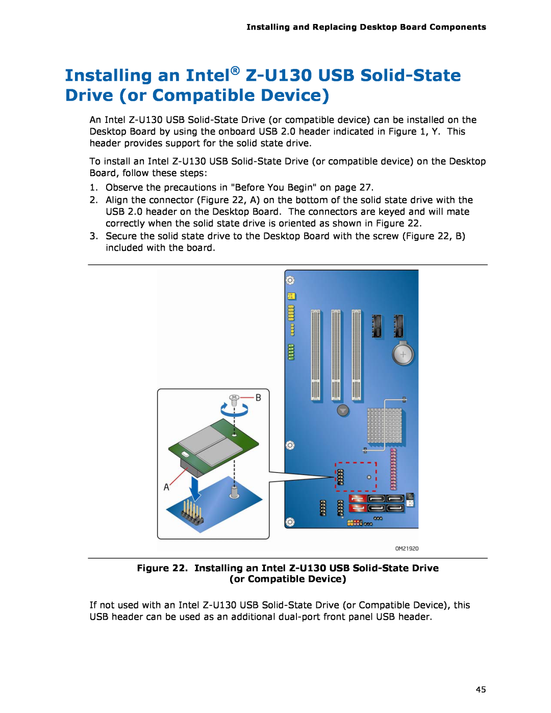 Intel BOXDH55HC manual Installing an Intel Z-U130 USB Solid-State Drive or Compatible Device 