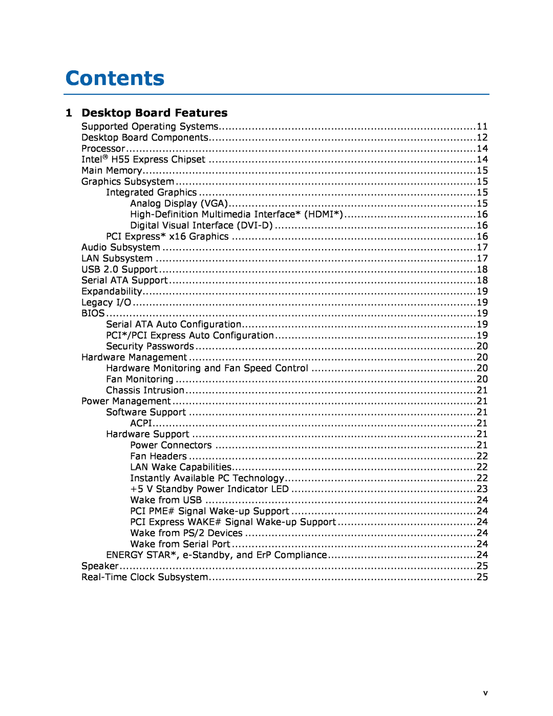 Intel BOXDH55HC manual Contents, Desktop Board Features 
