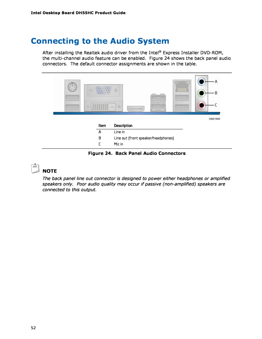 Intel BOXDH55HC manual Connecting to the Audio System, Back Panel Audio Connectors 