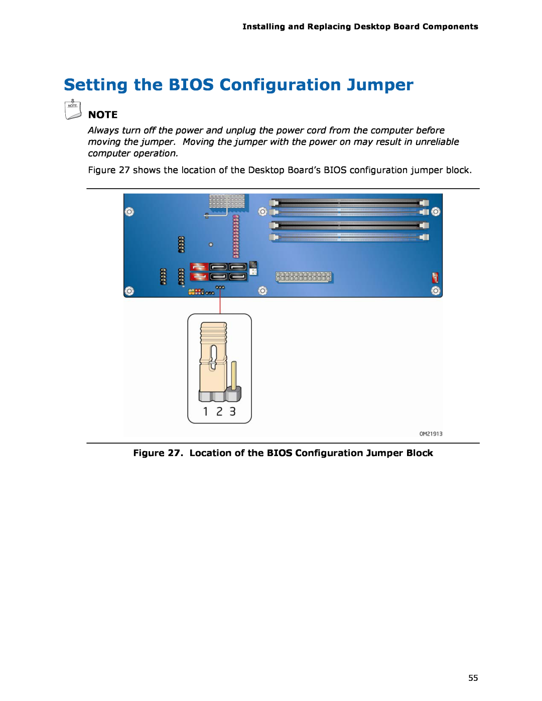 Intel BOXDH55HC manual Setting the BIOS Configuration Jumper, Location of the BIOS Configuration Jumper Block 