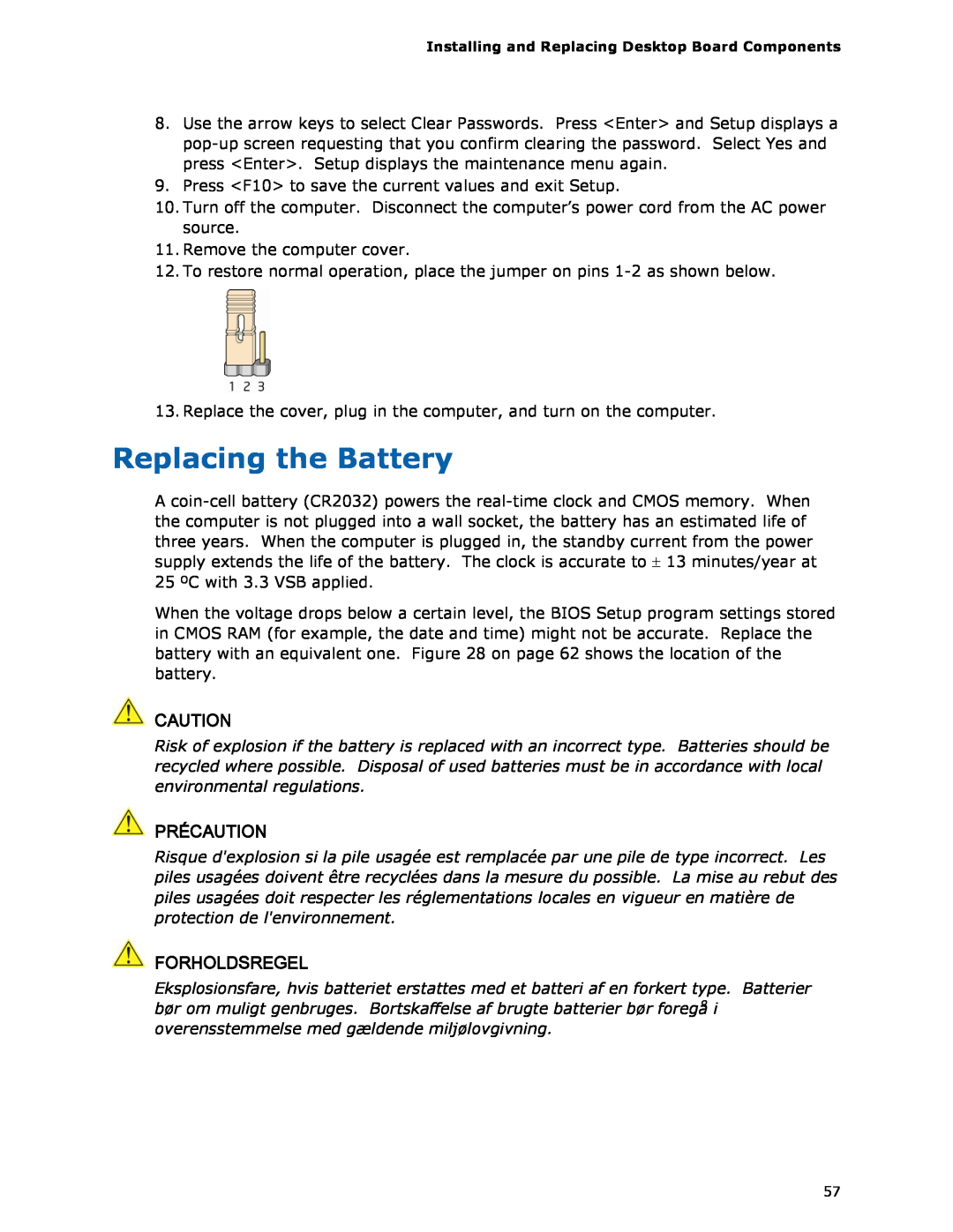 Intel BOXDH55HC manual Replacing the Battery, Précaution, Forholdsregel 