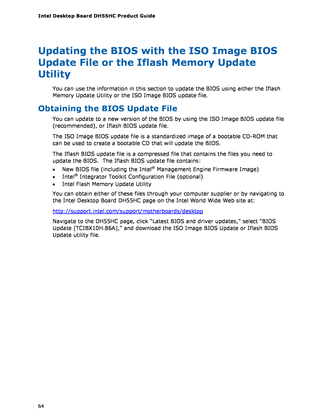 Intel BOXDH55HC manual Obtaining the BIOS Update File 