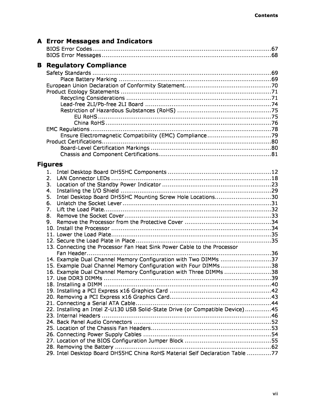 Intel BOXDH55HC manual Error Messages and Indicators, Regulatory Compliance, Figures 