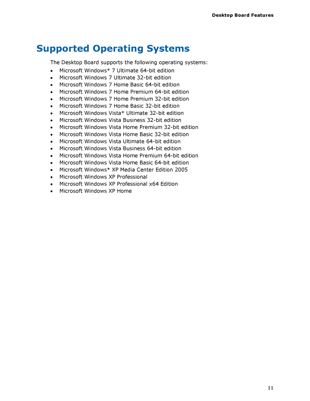 Intel BOXDH55HC manual Supported Operating Systems, Desktop Board Features 