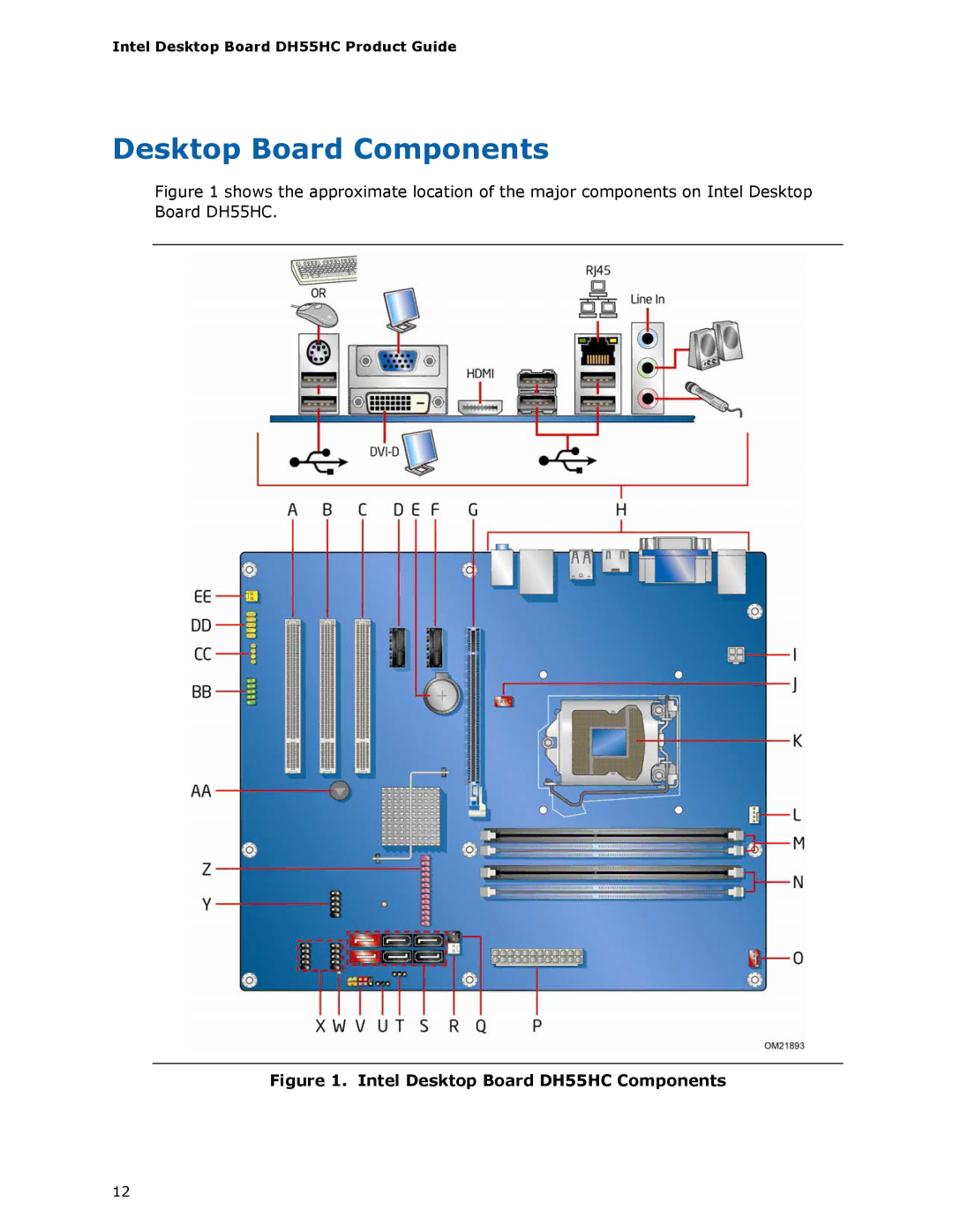 Intel BOXDH55HC manual Desktop Board Components, Intel Desktop Board DH55HC Components 