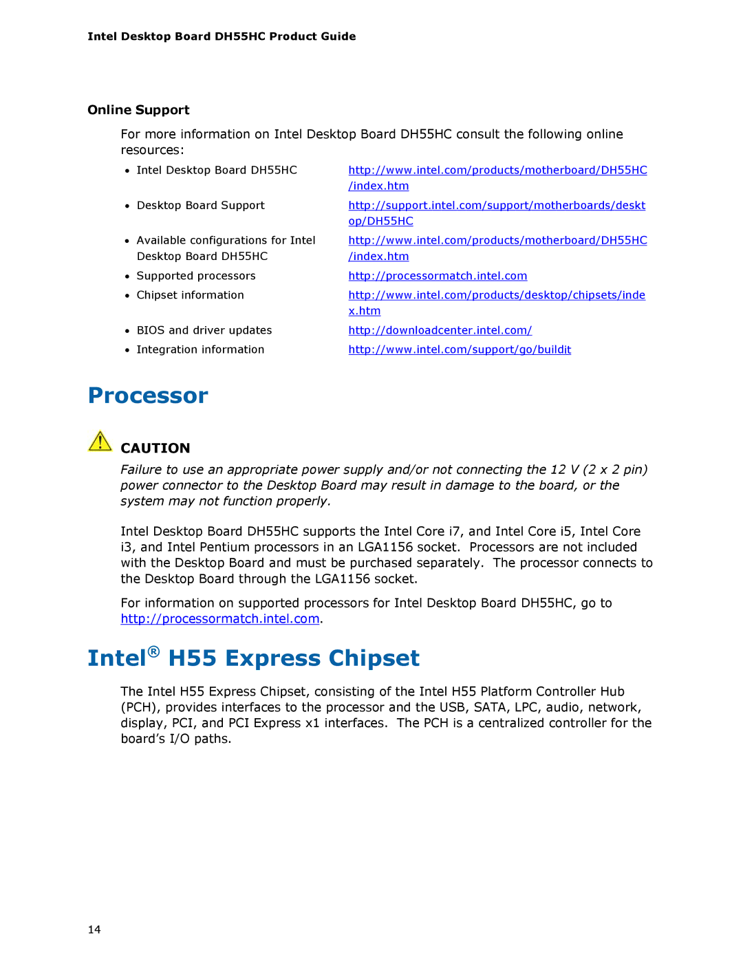 Intel BOXDH55HC manual Processor, Intel H55 Express Chipset, Online Support 