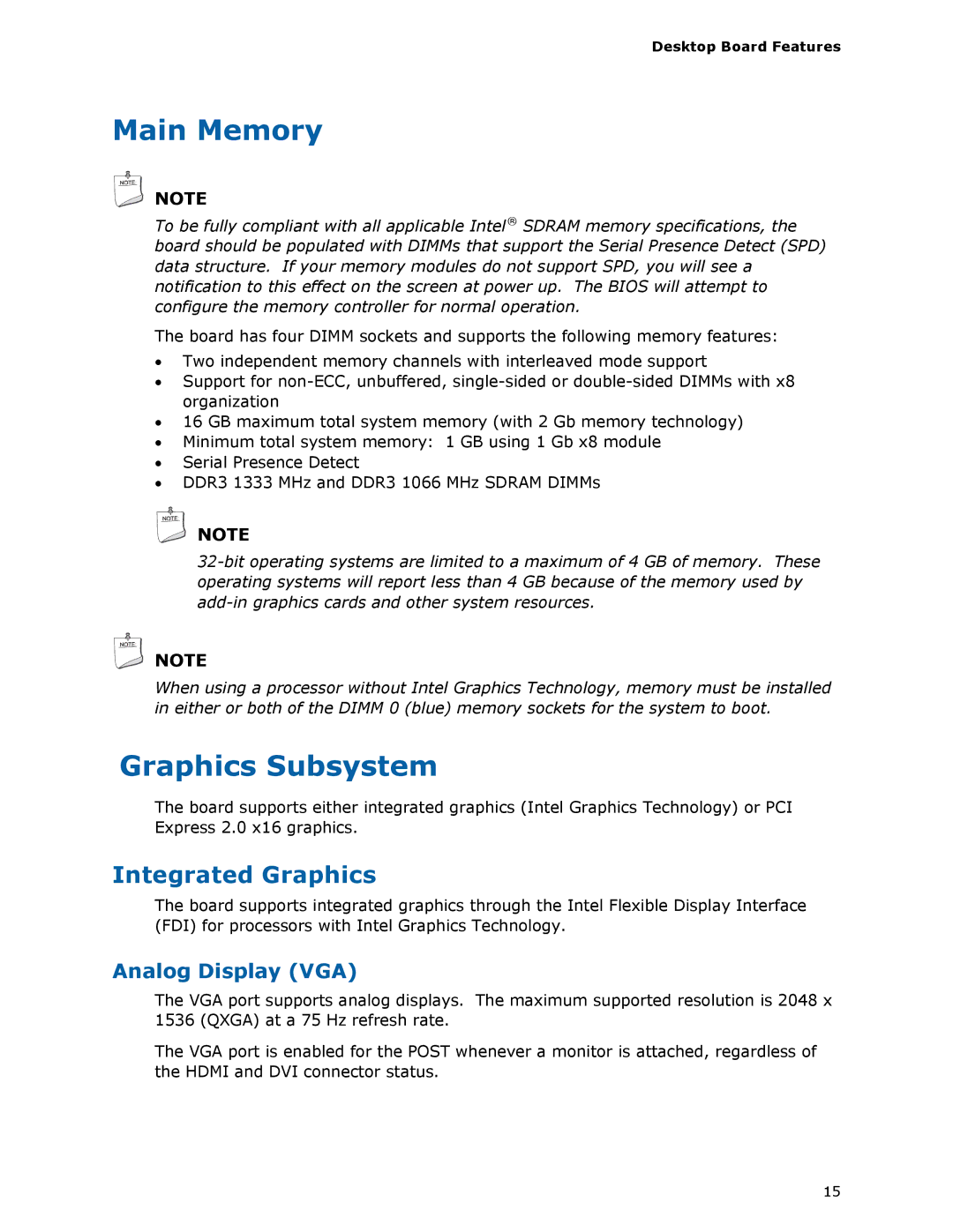 Intel BOXDH55HC manual Main Memory, Graphics Subsystem, Integrated Graphics, Analog Display VGA 