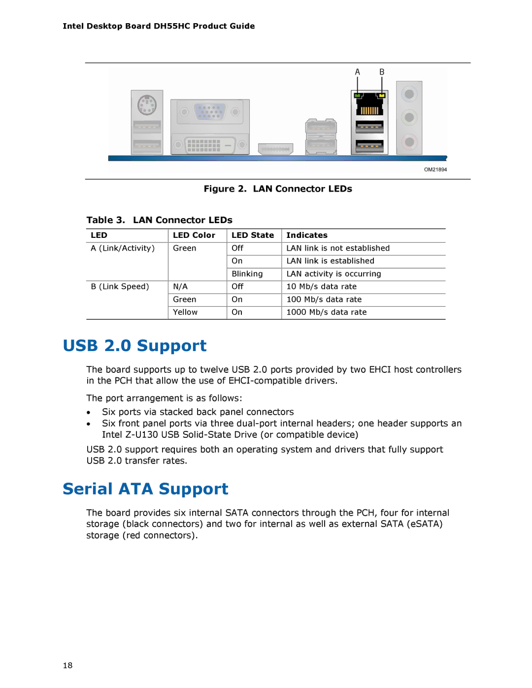 Intel BOXDH55HC manual USB 2.0 Support, Serial ATA Support, LED Color LED State Indicates 