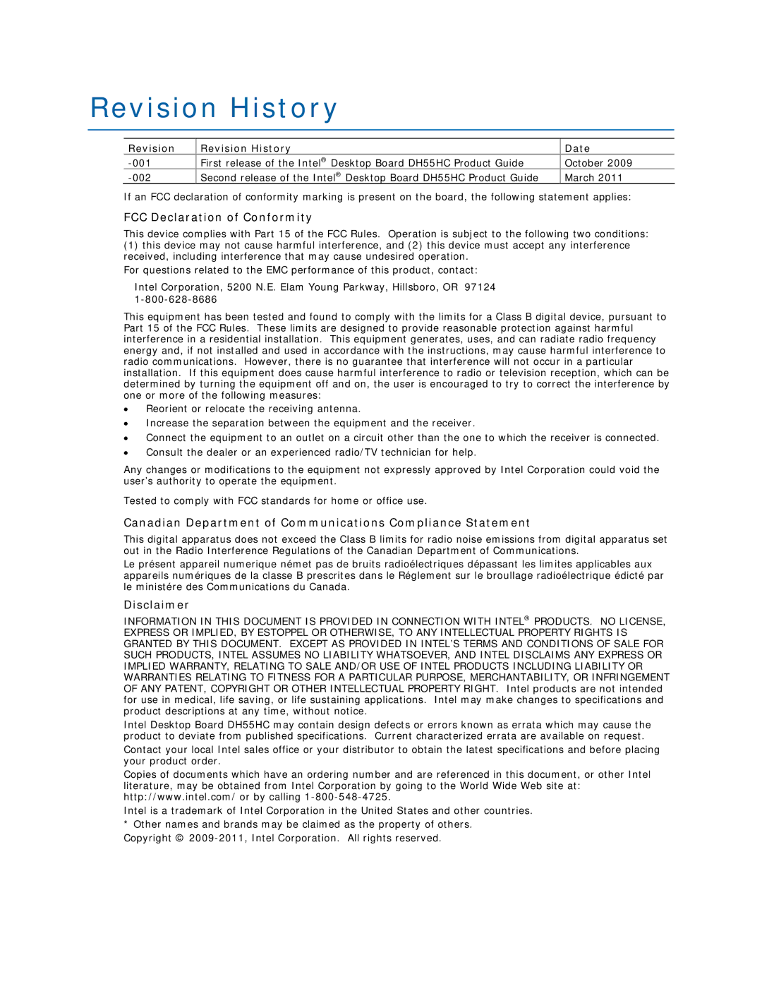 Intel BOXDH55HC FCC Declaration of Conformity, Canadian Department of Communications Compliance Statement, Disclaimer 