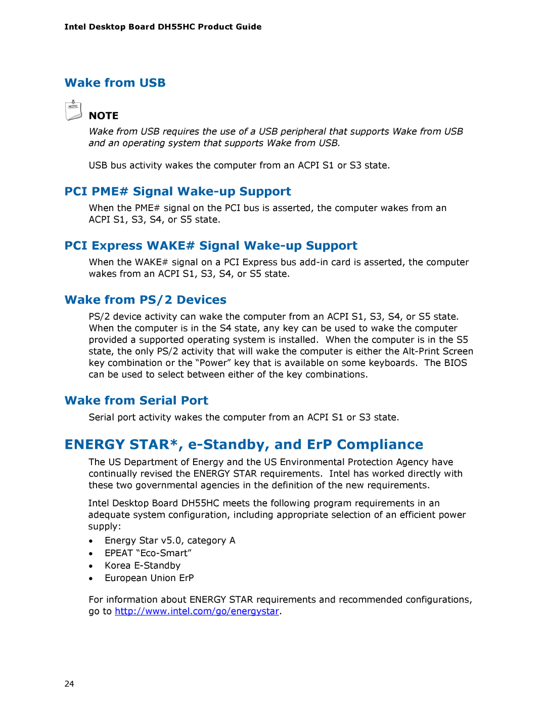 Intel BOXDH55HC manual Energy STAR*, e-Standby, and ErP Compliance 