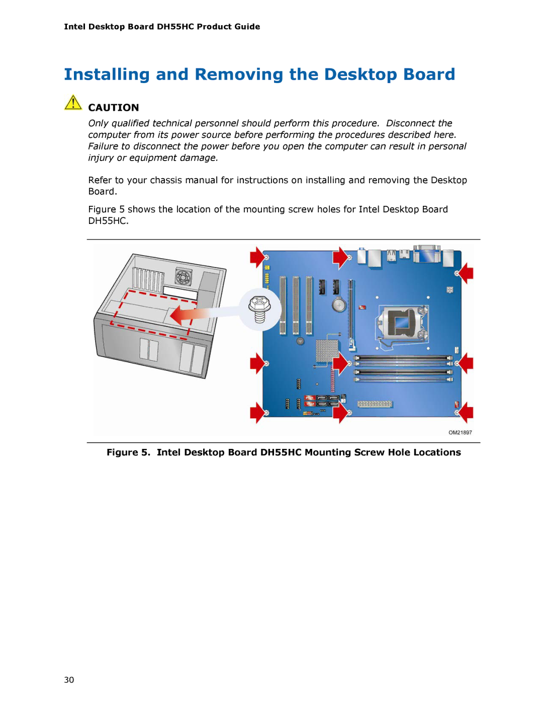 Intel BOXDH55HC manual Installing and Removing the Desktop Board, Intel Desktop Board DH55HC Mounting Screw Hole Locations 