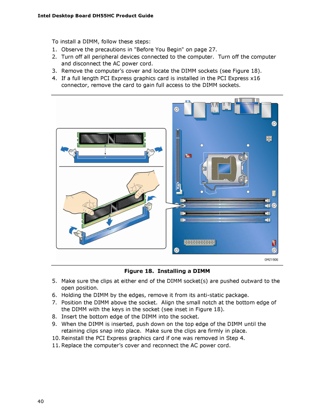 Intel BOXDH55HC manual Installing a Dimm 