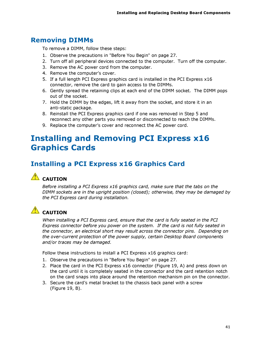 Intel BOXDH55HC manual Installing and Removing PCI Express x16 Graphics Cards, Removing DIMMs 