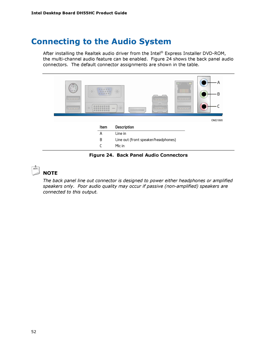 Intel BOXDH55HC manual Connecting to the Audio System, Back Panel Audio Connectors 