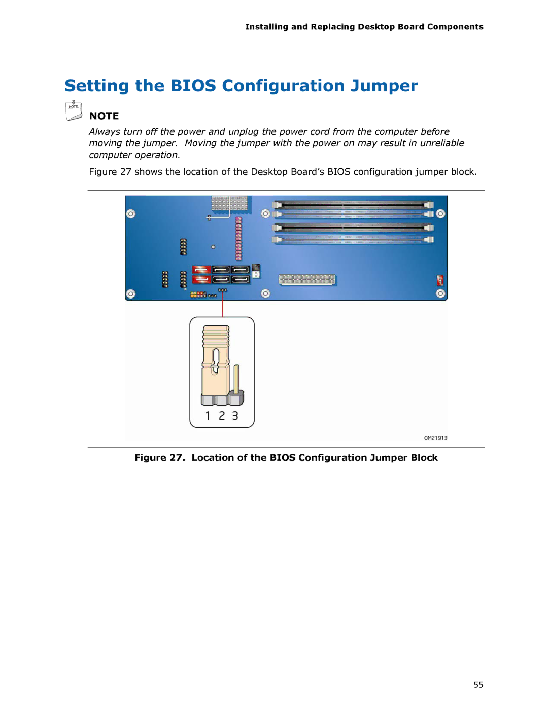 Intel BOXDH55HC manual Setting the Bios Configuration Jumper, Location of the Bios Configuration Jumper Block 