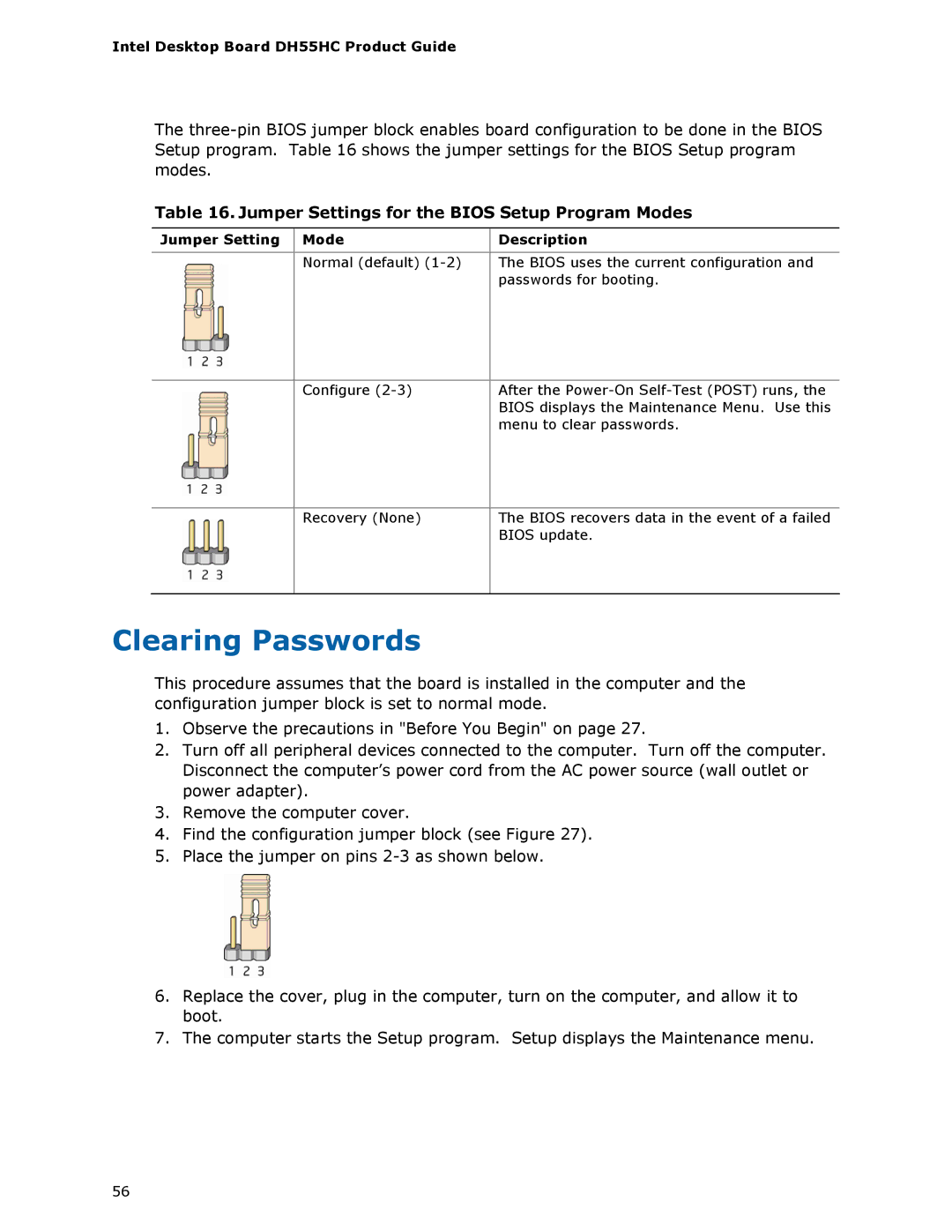 Intel BOXDH55HC Clearing Passwords, Jumper Settings for the Bios Setup Program Modes, Jumper Setting Mode Description 