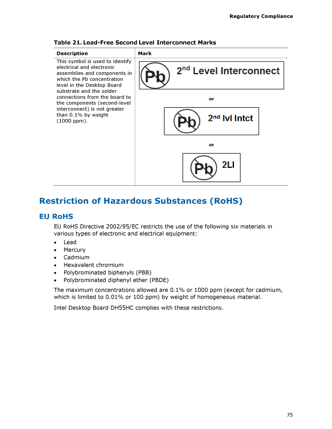 Intel BOXDH55HC manual Restriction of Hazardous Substances RoHS, EU RoHS, Lead-Free Second Level Interconnect Marks 