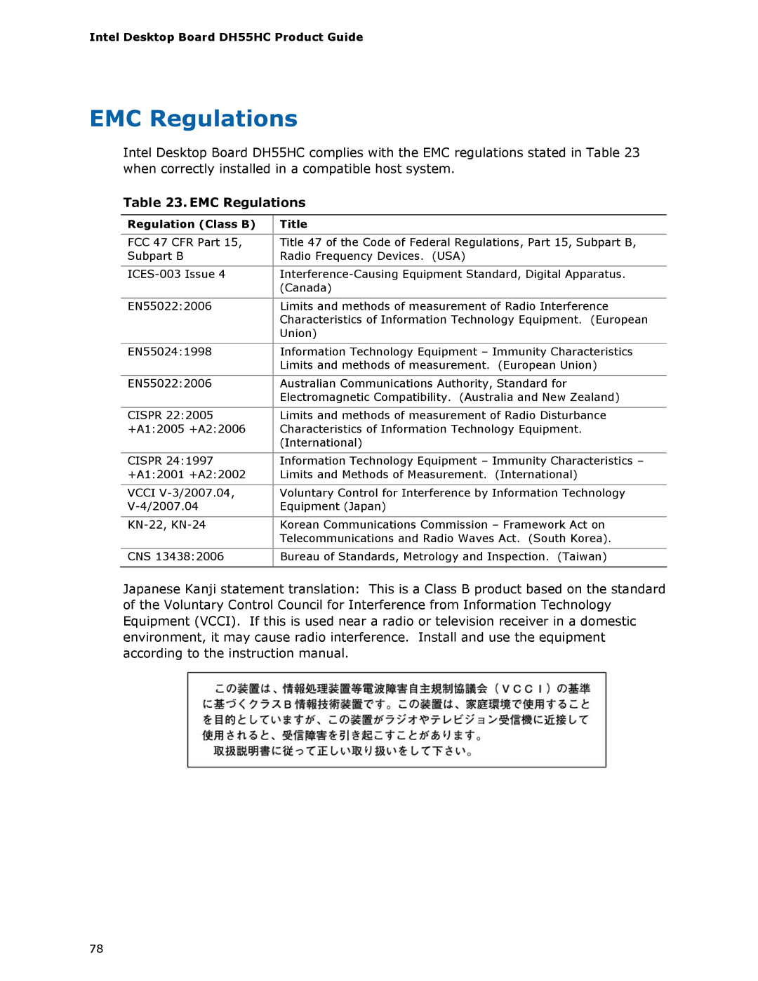 Intel BOXDH55HC manual EMC Regulations, Regulation Class B Title 