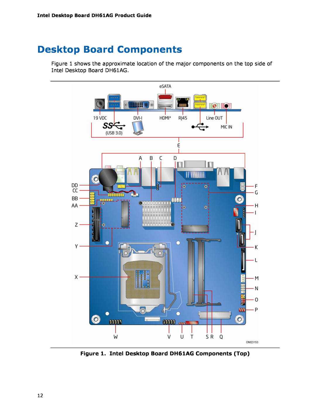 Intel BOXDH61AG manual Desktop Board Components, Intel Desktop Board DH61AG Components Top 