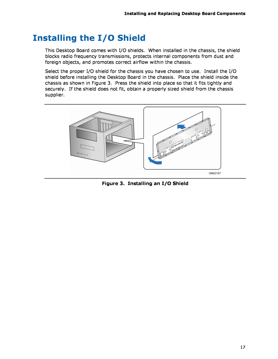 Intel BOXDH61AG manual Installing the I/O Shield, Installing an I/O Shield 