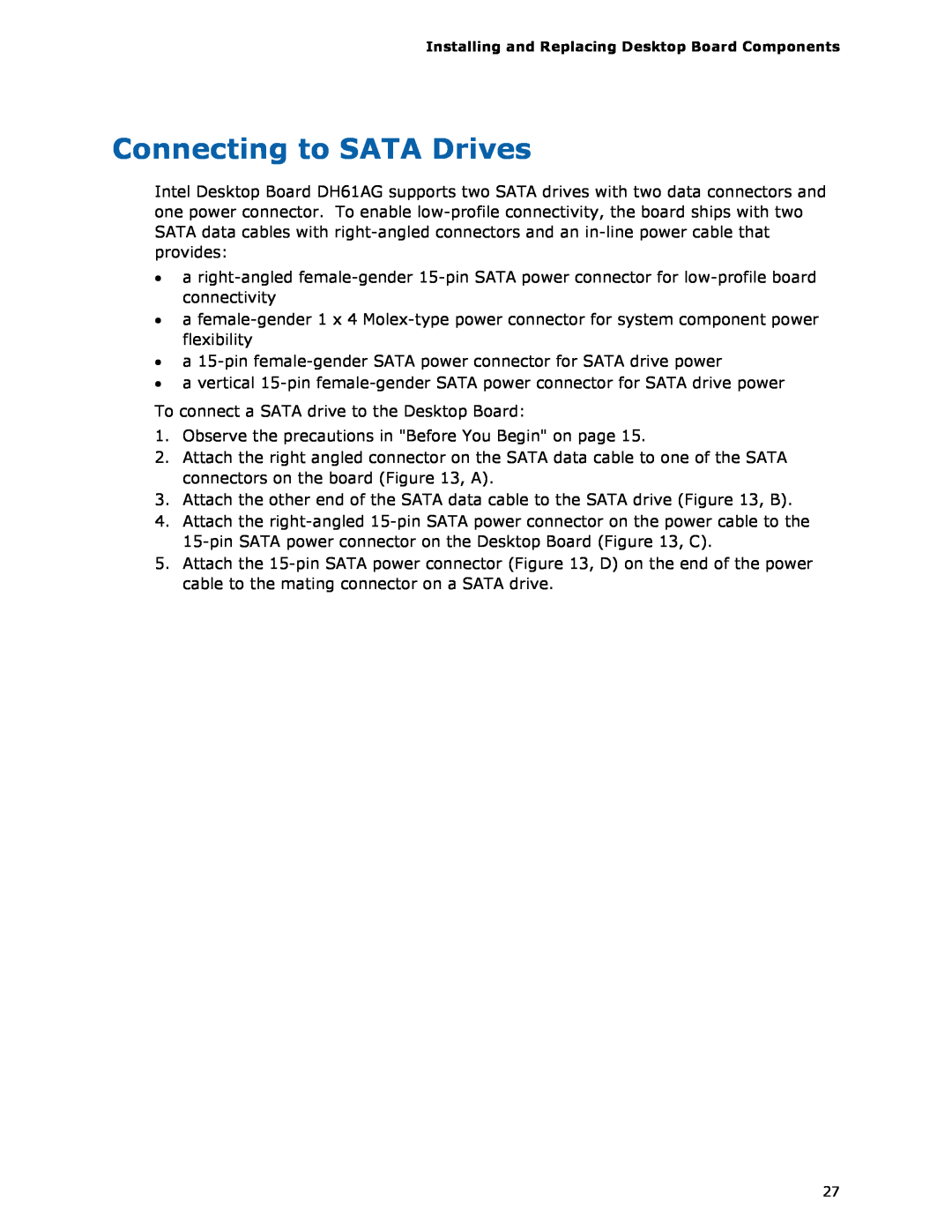 Intel BOXDH61AG manual Connecting to SATA Drives 