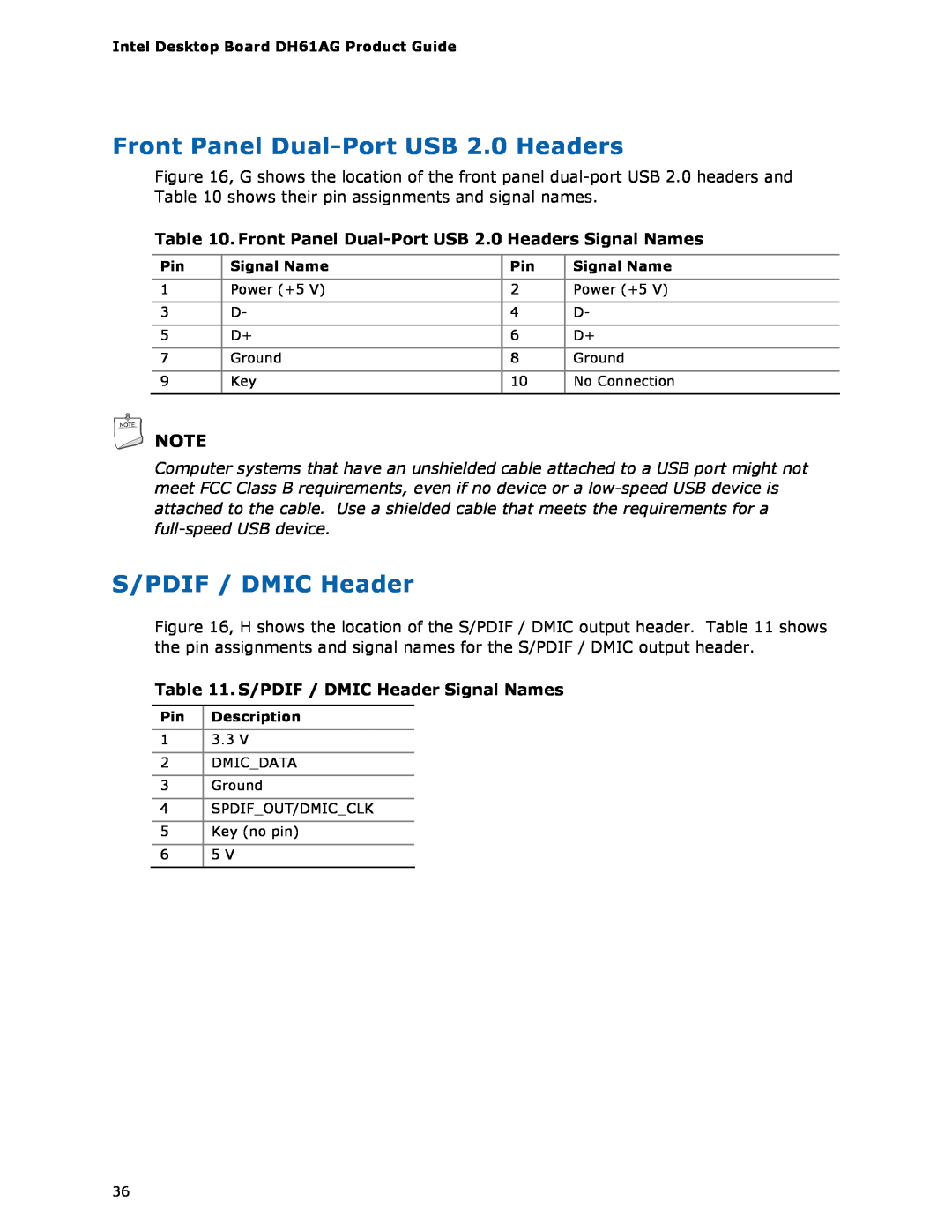 Intel BOXDH61AG manual Front Panel Dual-Port USB 2.0 Headers, S/PDIF / DMIC Header Signal Names 