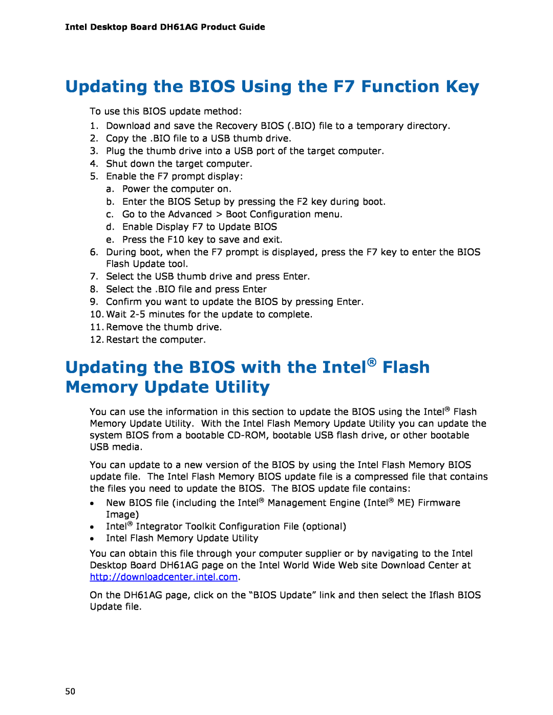 Intel BOXDH61AG Updating the BIOS Using the F7 Function Key, Updating the BIOS with the Intel Flash Memory Update Utility 