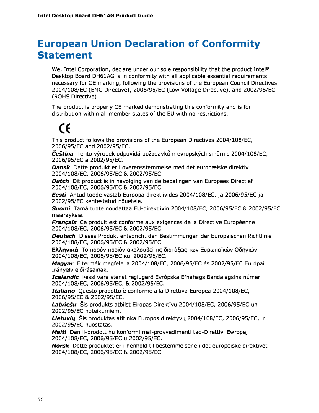 Intel BOXDH61AG manual European Union Declaration of Conformity Statement 