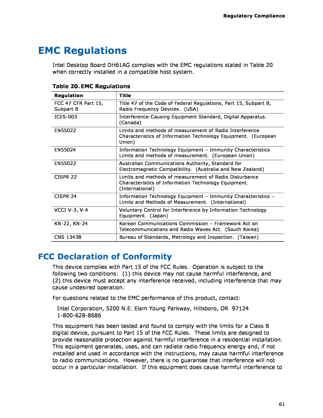 Intel BOXDH61AG manual EMC Regulations, FCC Declaration of Conformity 