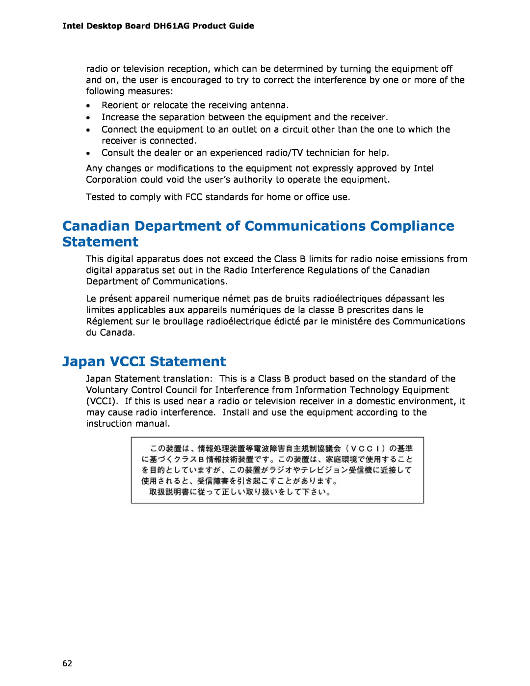 Intel BOXDH61AG manual Canadian Department of Communications Compliance Statement, Japan VCCI Statement 