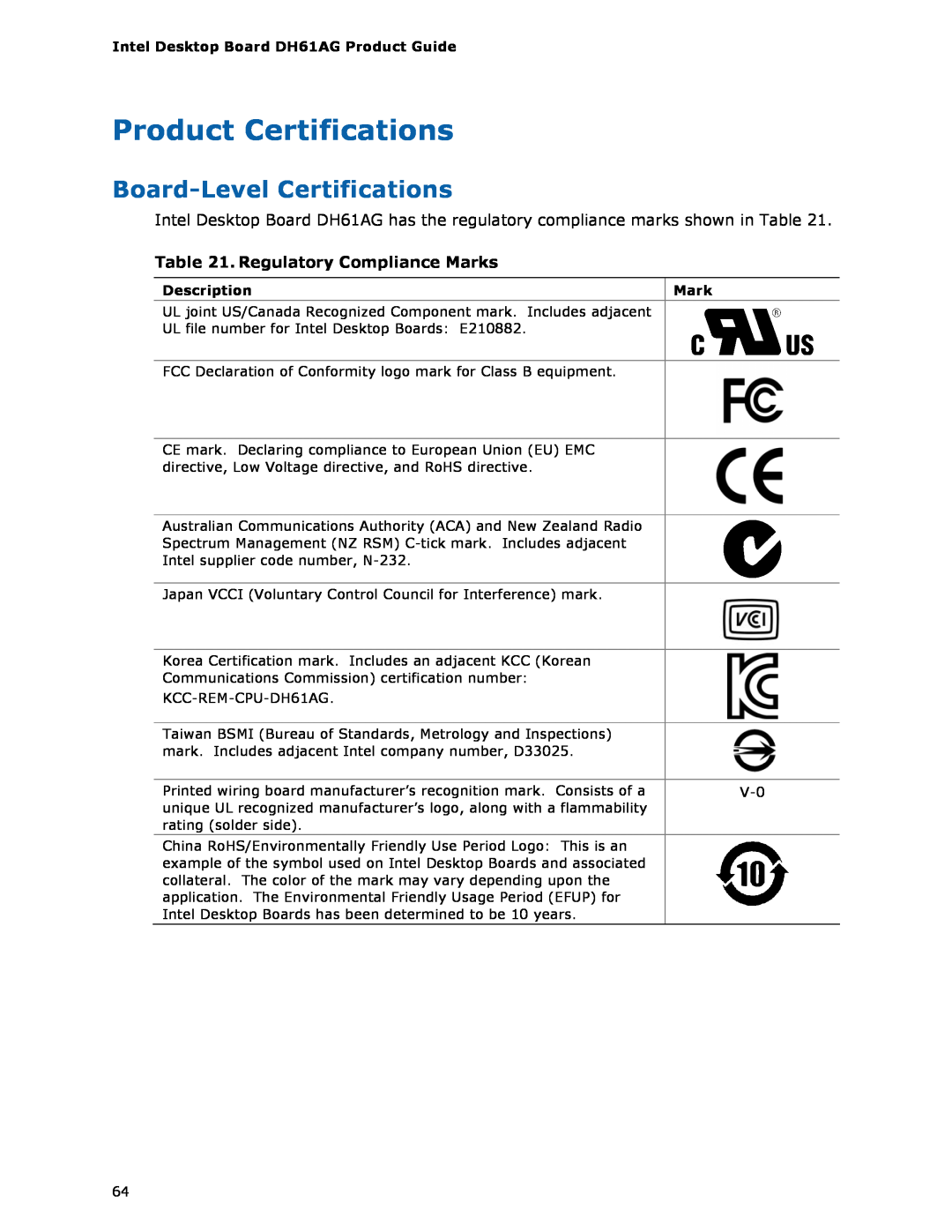 Intel BOXDH61AG manual Product Certifications, Board-Level Certifications, Regulatory Compliance Marks 