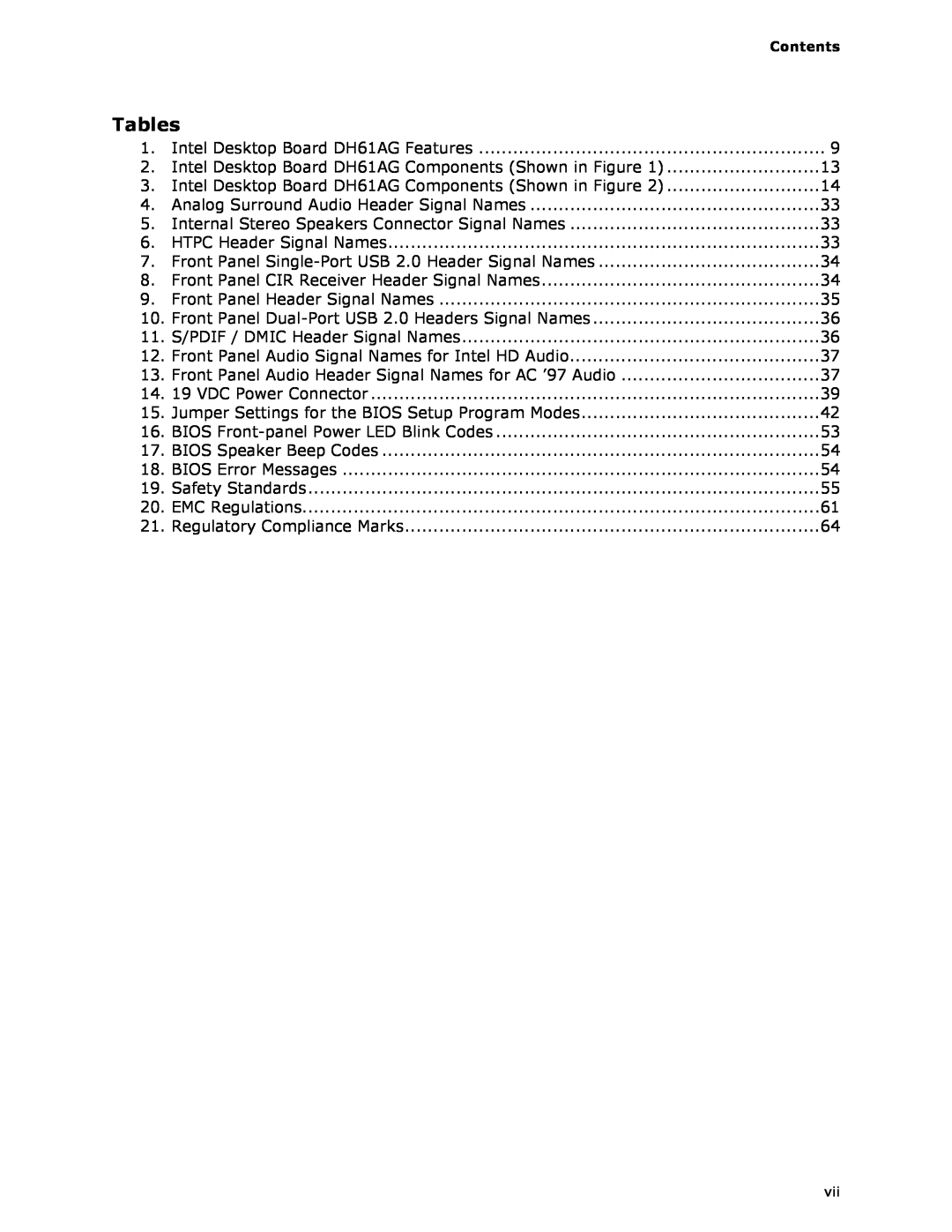 Intel BOXDH61AG manual Tables, Contents 
