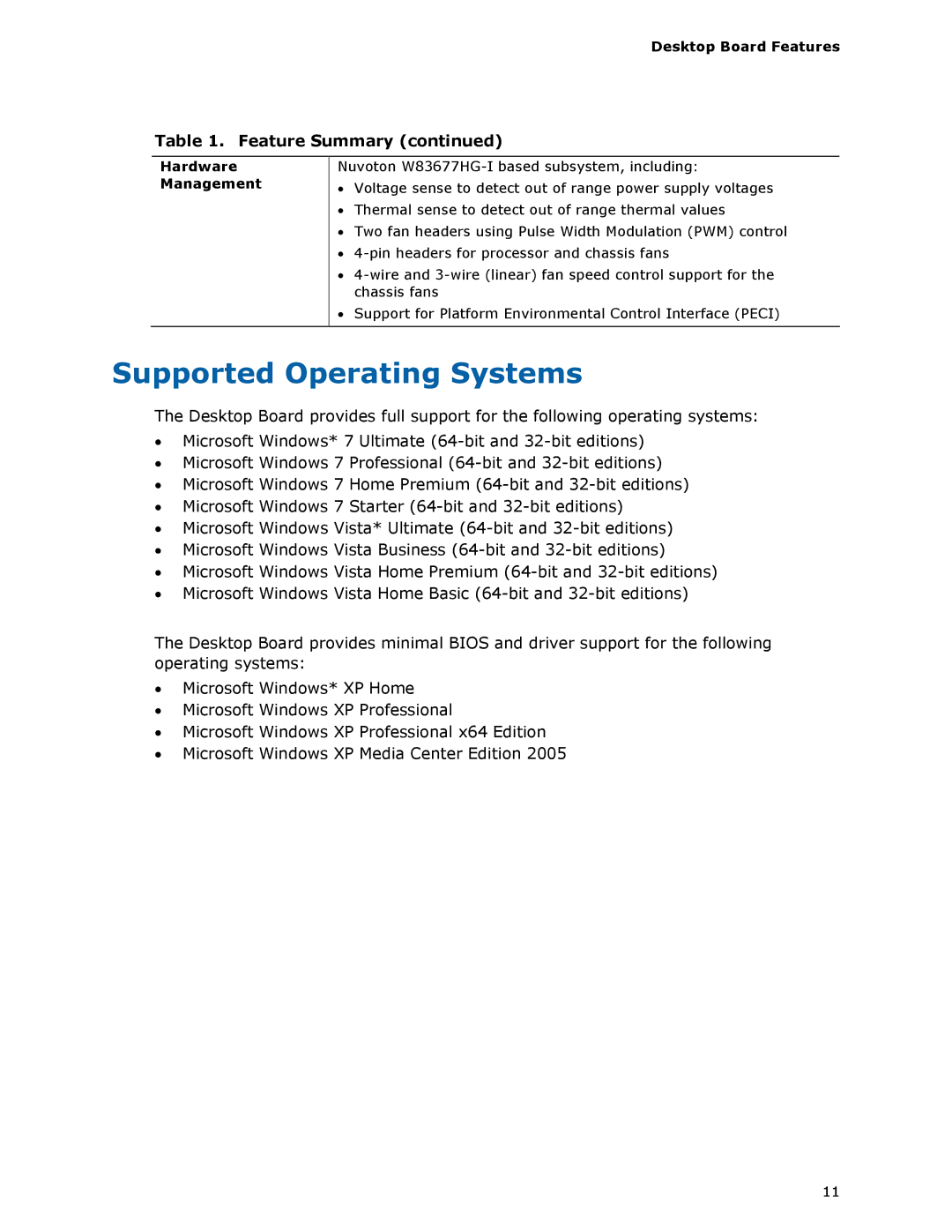 Intel BOXDH61AG manual Supported Operating Systems, Desktop Board Features, Hardware Management 