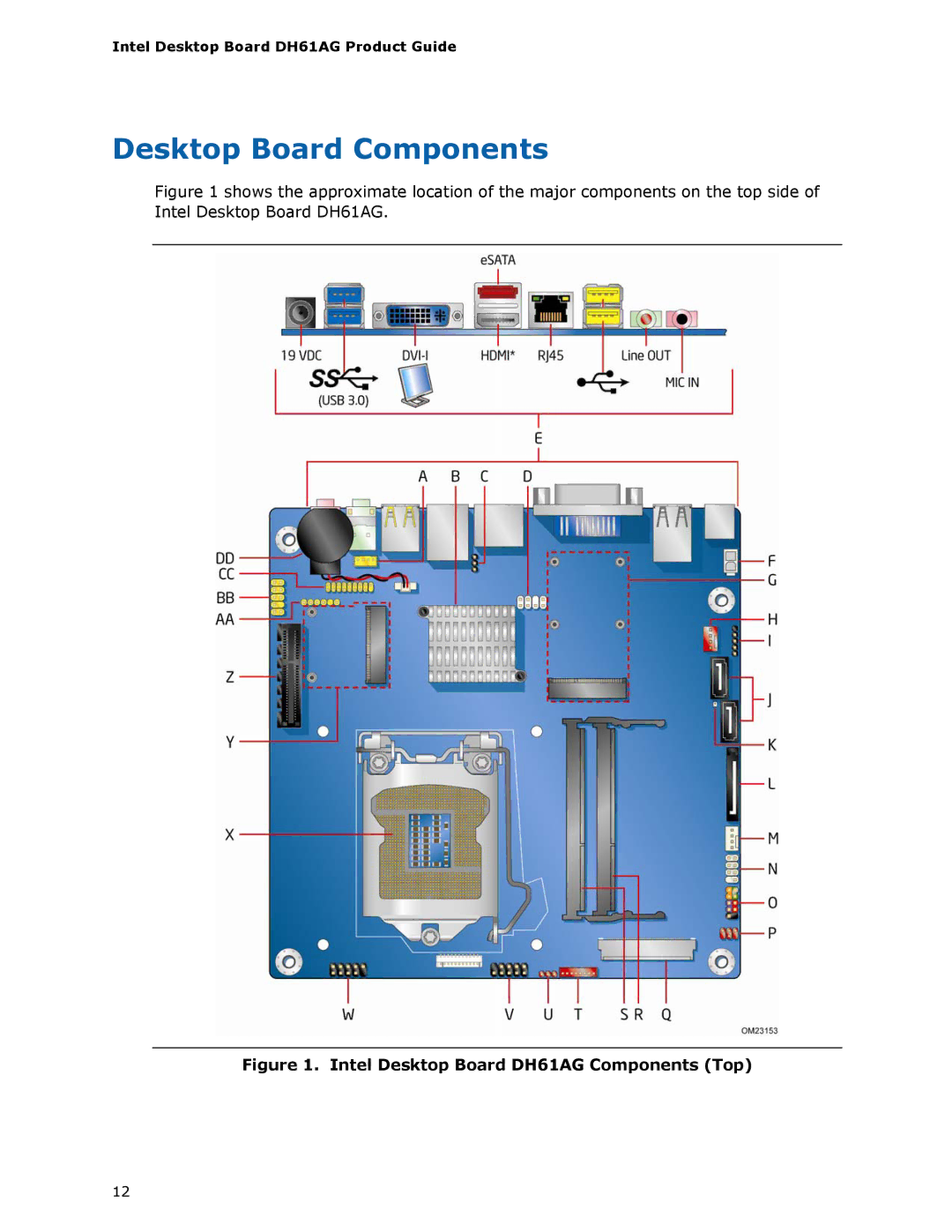 Intel BOXDH61AG manual Desktop Board Components, Intel Desktop Board DH61AG Components Top 