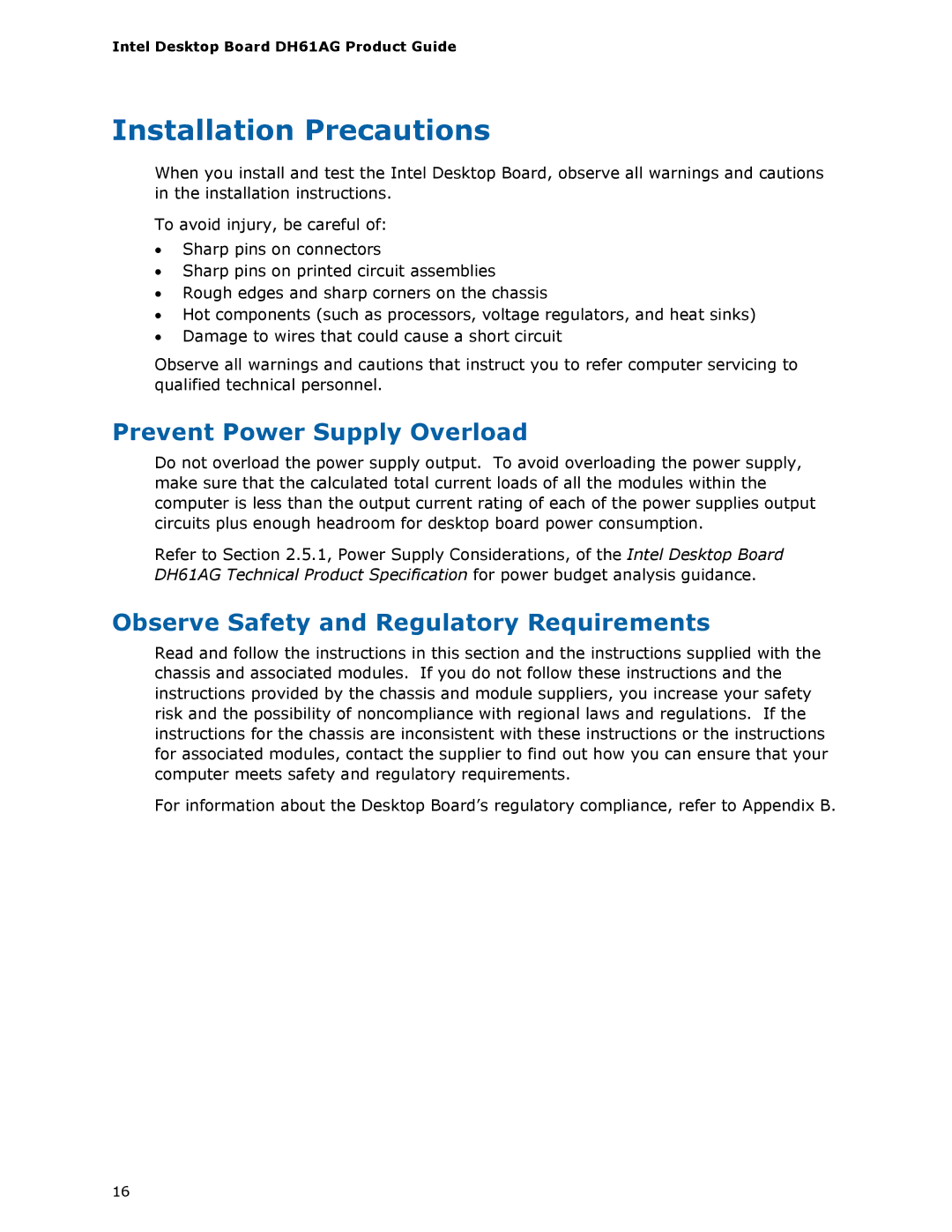 Intel BOXDH61AG manual Installation Precautions, Prevent Power Supply Overload, Observe Safety and Regulatory Requirements 