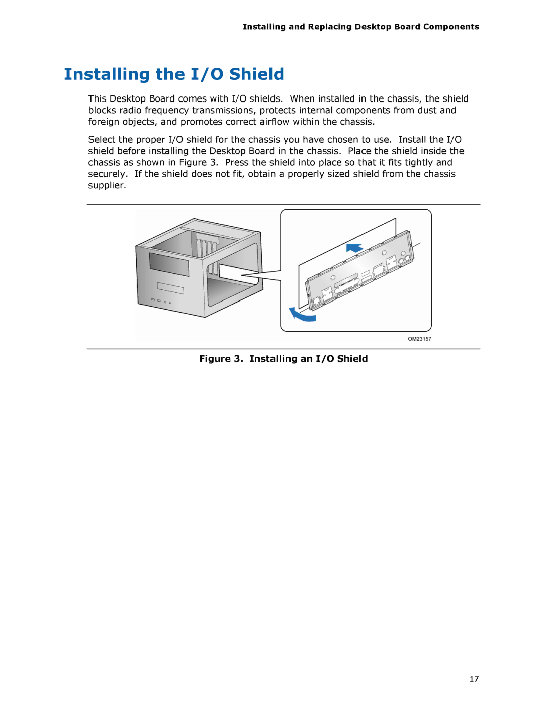 Intel BOXDH61AG manual Installing the I/O Shield, Installing and Replacing Desktop Board Components 