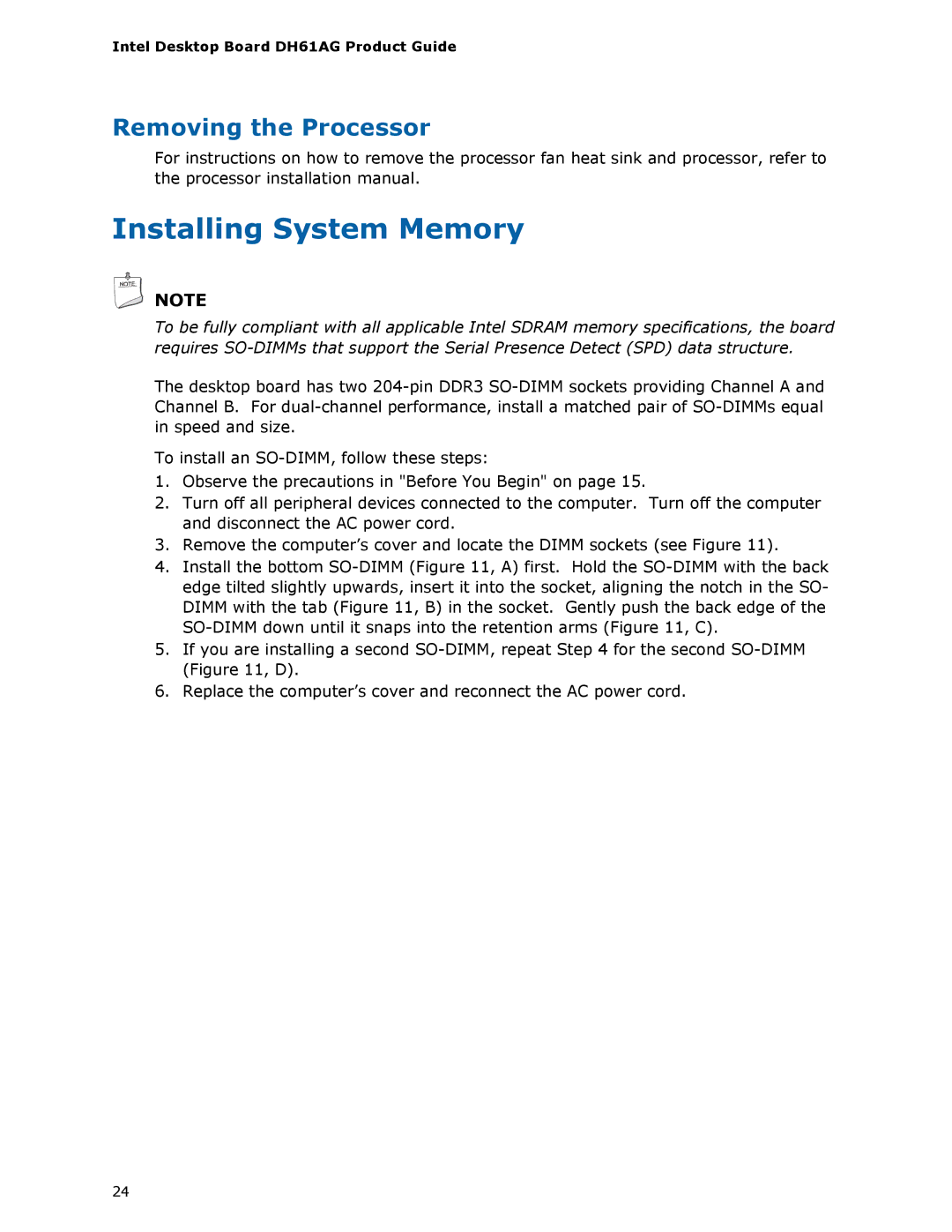 Intel BOXDH61AG manual Installing System Memory, Removing the Processor 