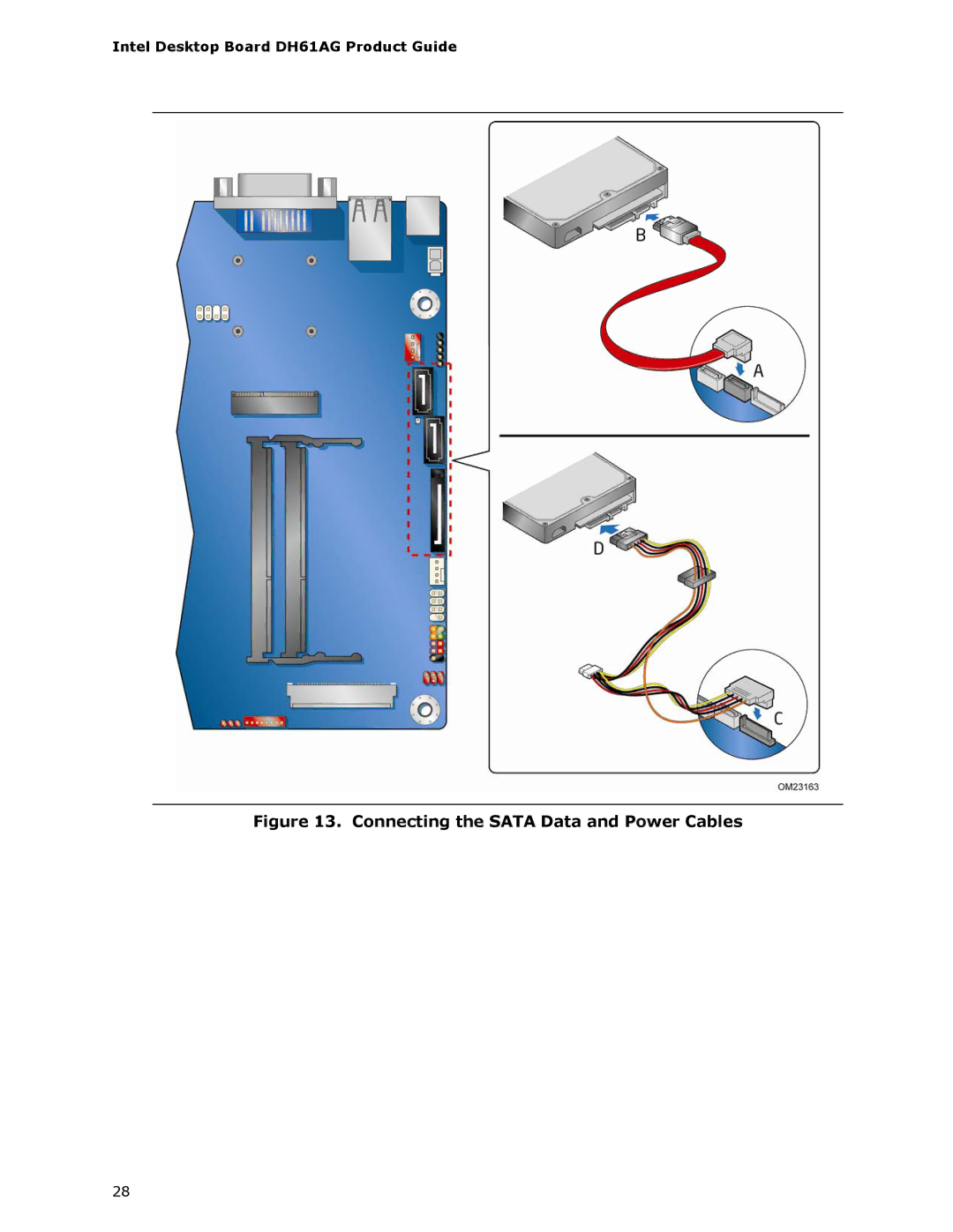 Intel BOXDH61AG manual Connecting the Sata Data and Power Cables 