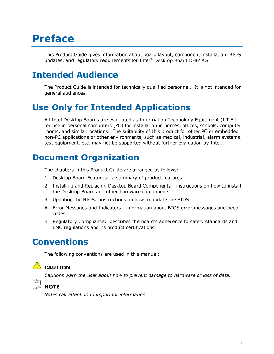 Intel BOXDH61AG manual Preface, Intended Audience, Use Only for Intended Applications, Document Organization, Conventions 