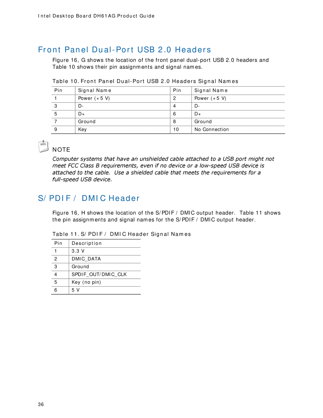 Intel BOXDH61AG manual Front Panel Dual-Port USB 2.0 Headers, Pdif / Dmic Header Signal Names, Pin Description 