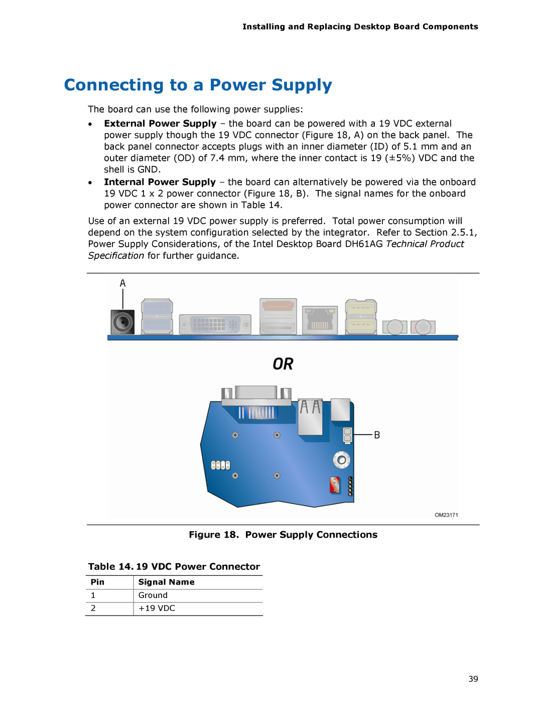 Intel BOXDH61AG manual Connecting to a Power Supply, Power Supply Connections VDC Power Connector 