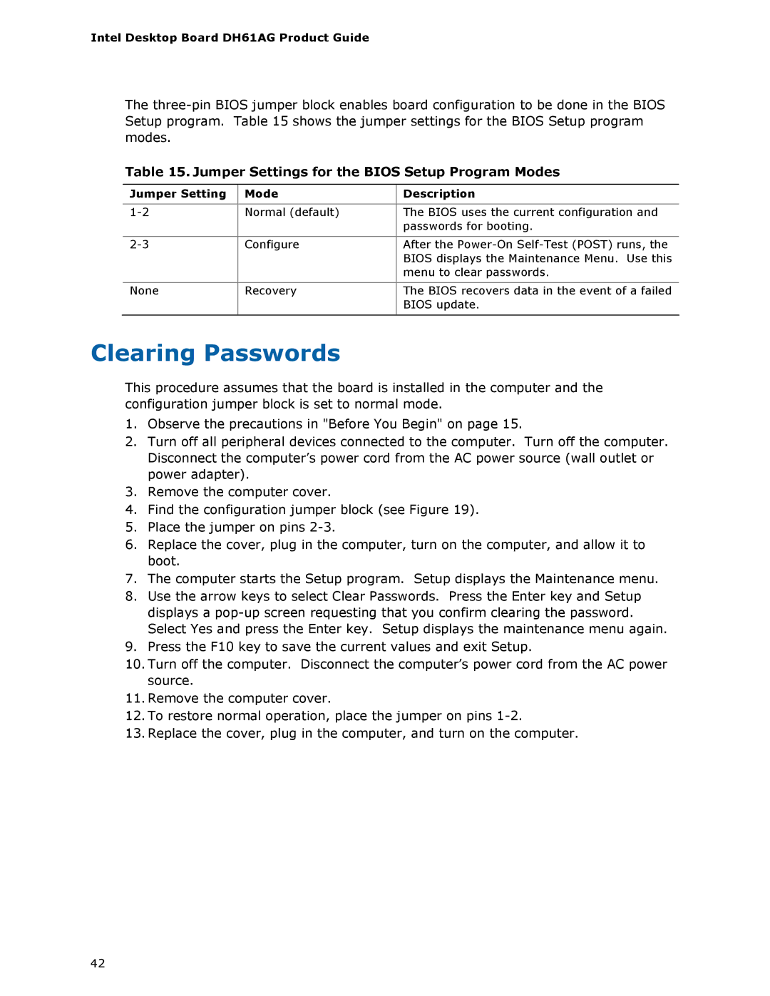 Intel BOXDH61AG Clearing Passwords, Jumper Settings for the Bios Setup Program Modes, Jumper Setting Mode Description 