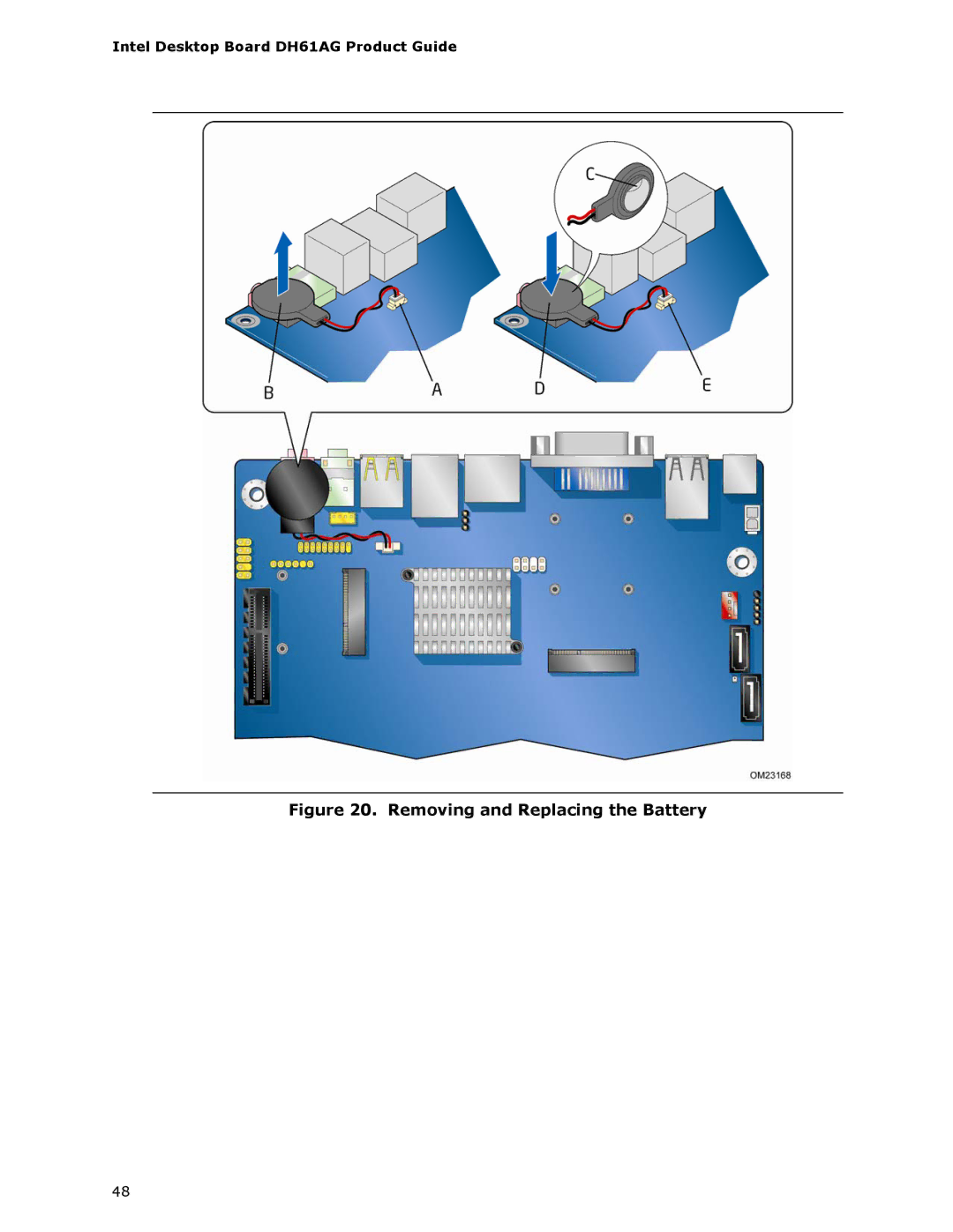 Intel BOXDH61AG manual Removing and Replacing the Battery 