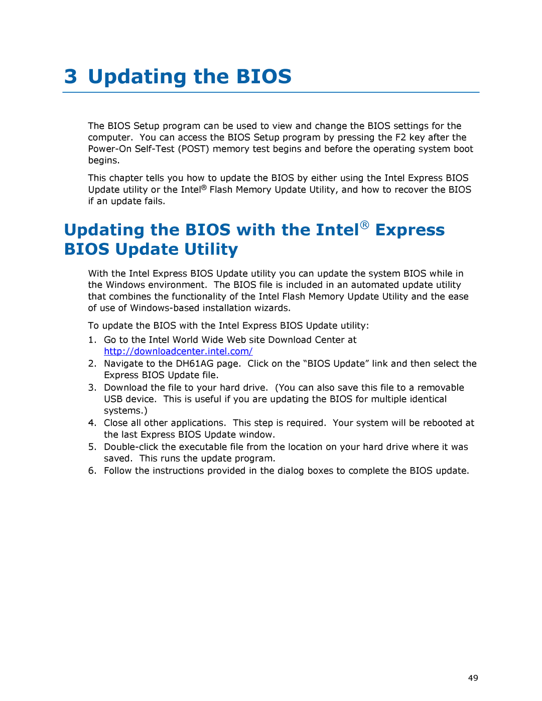 Intel BOXDH61AG manual Updating the Bios with the Intel Express Bios Update Utility 