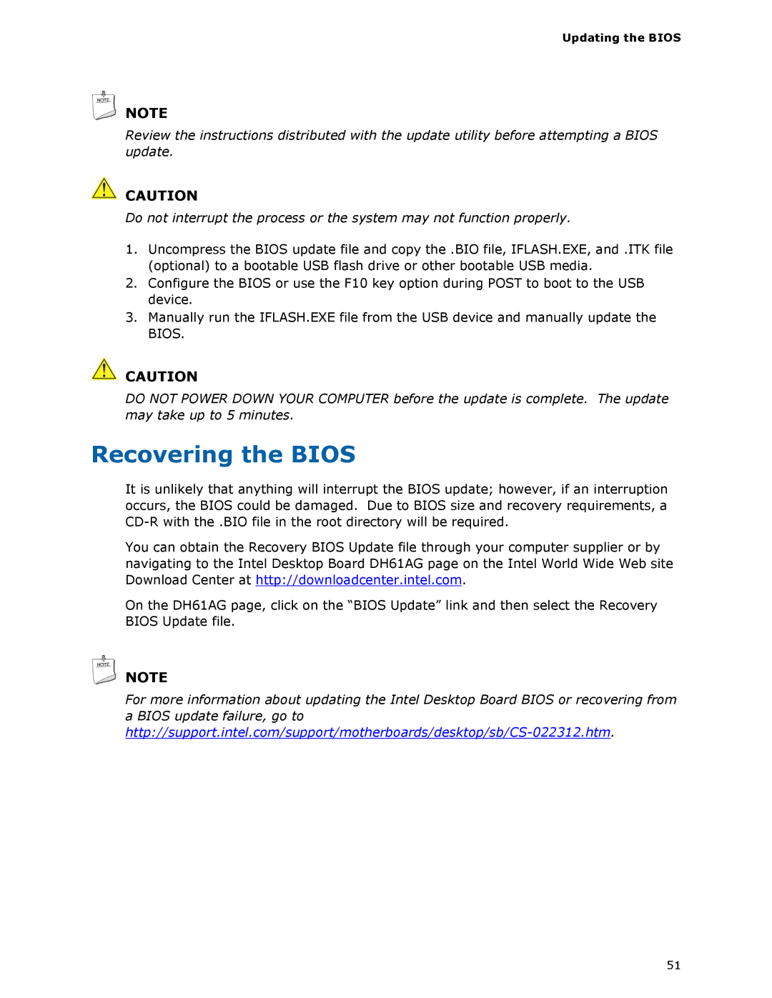 Intel BOXDH61AG manual Recovering the Bios, Updating the Bios 