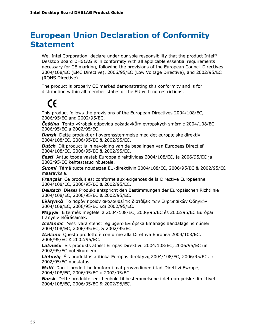 Intel BOXDH61AG manual European Union Declaration of Conformity Statement 