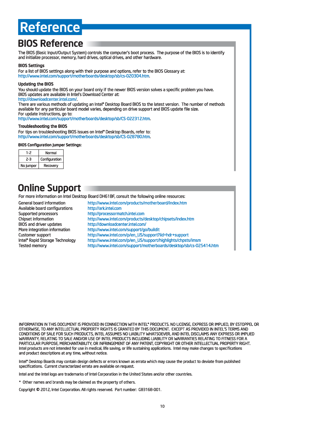 Intel BOXDH61BF manual 
