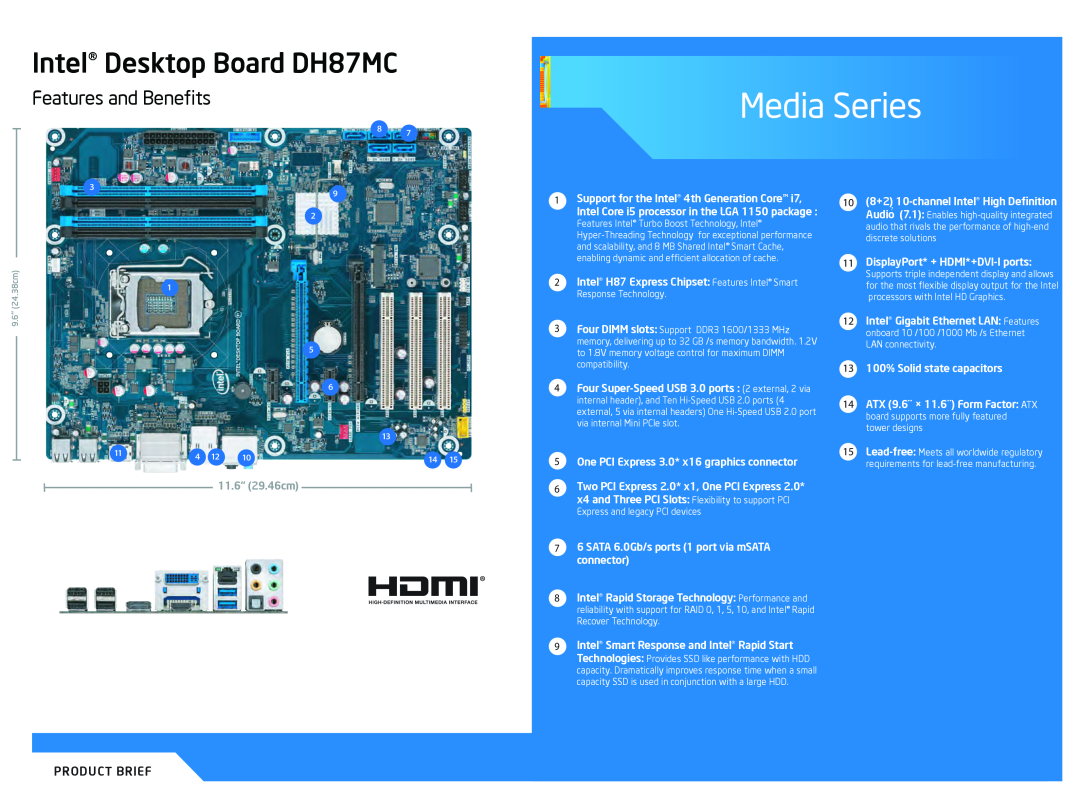 Intel BOXDH87MC manual Media Series, Intel Desktop Board DH87MC, Features and Beneﬁts, Product Brief, 11.6” 29.46cm 