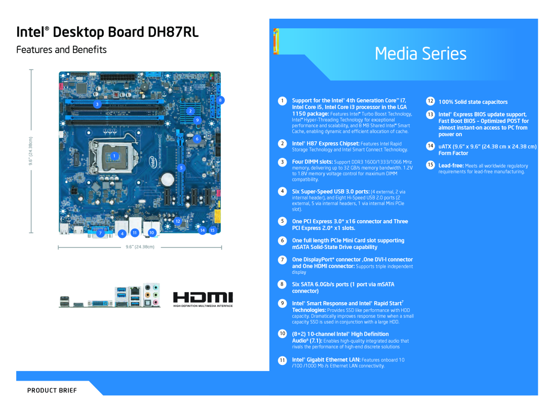 Intel BLKDH87RL, BOXDH87RL manual Media Series, Intel Desktop Board DH87RL, Features and Beneﬁts, Product Brief 
