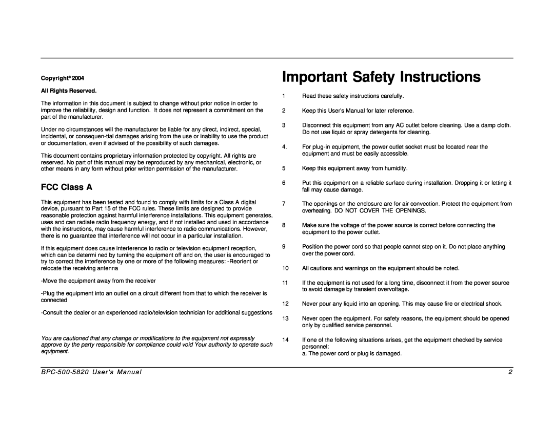 Intel BPC-500-5820 user manual FCC Class A, Important Safety Instructions 